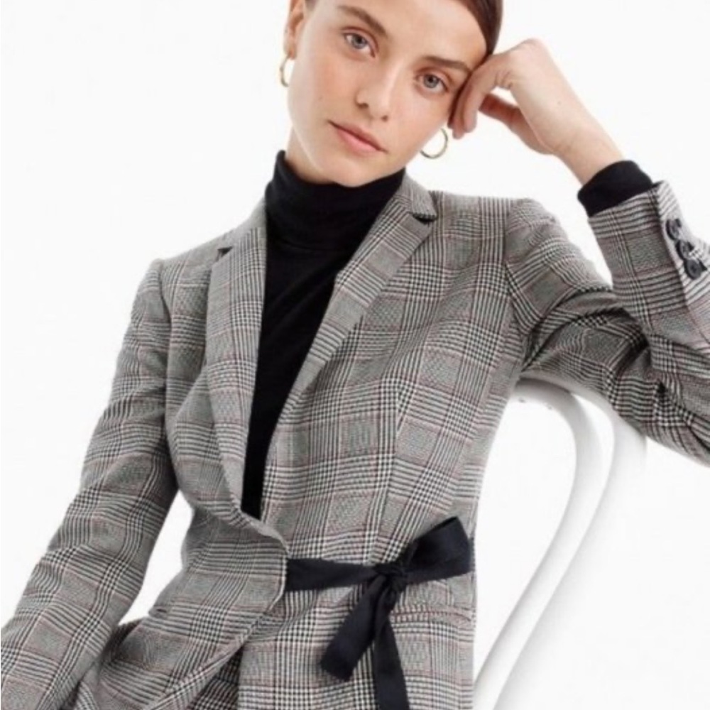J. Crew Black, White & Red Lady Glen Plaid Tie-Front Blazer | 4 - Picture 2 of 7
